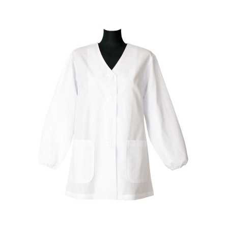 女性長袖白衣　襟なし・袖口ゴム・箱ヒダ・ポプリン・日本製　TH1320-0 東京白衣